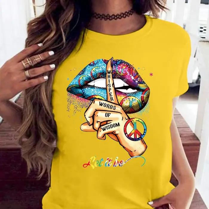 100% coton ample col rond bouche créative à manches courtes T-shirt femme surdimensionné T-shirt hau