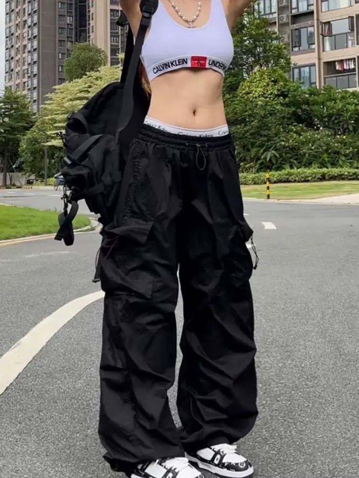Y2K Parachute noir pantalon femmes Hippie Streetwear poches surdimensionnées Cargo pantalon Harajuku