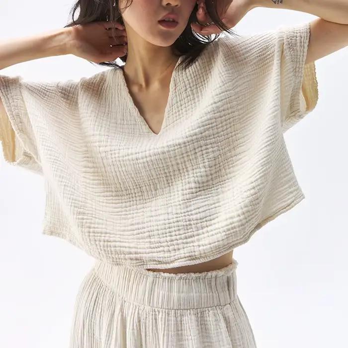 Haut en mousseline de coton chic pour femme, t-shirt sexy, col en V, manches courtes, streetwear déc