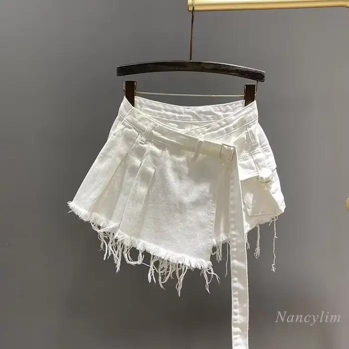 Mini jupe en jean rose irrégulière pour femme, taille haute, amincissante, faux deux pièces, vêtemen