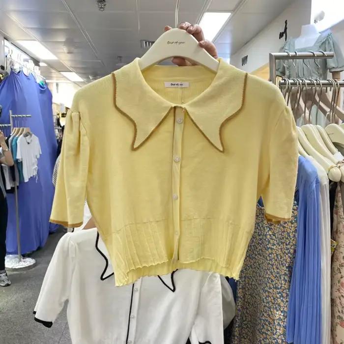 T-shirt court à manches courtes pour femme, avec col polo, patchwork, élastique, slim, été 2021