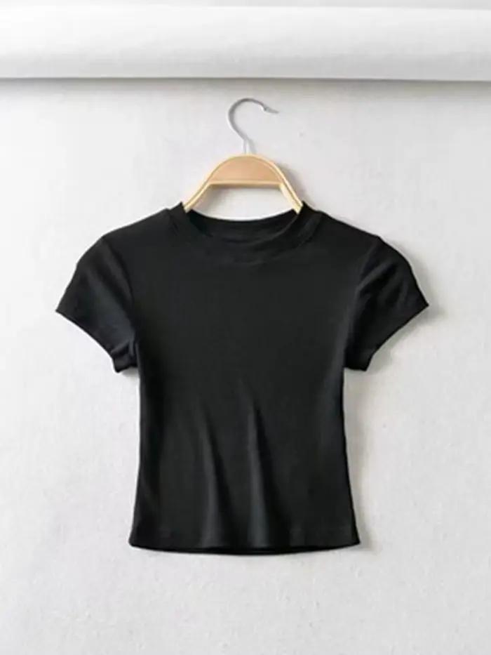 Été Sexy femmes col rond à manches courtes T-shirt mince élastique maigre culture hauts