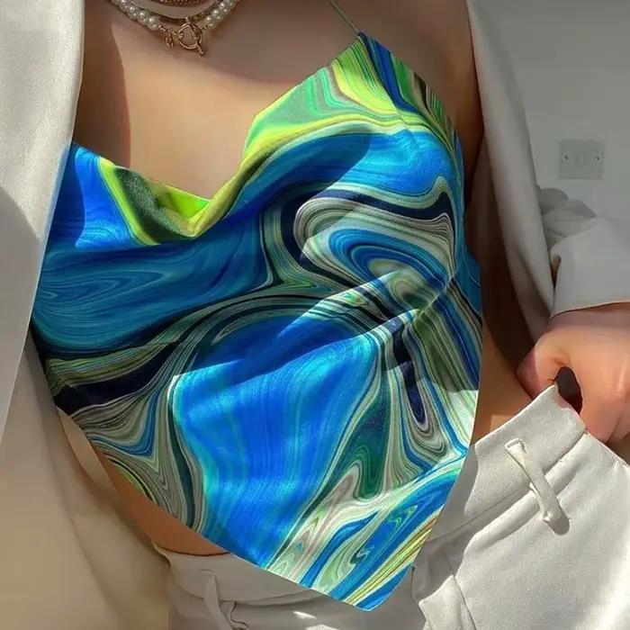 Corset dos nu Y2K Bandana Print pour femme, dos nu, licou, fibre courte, esthétique, été, Y-Harajuku