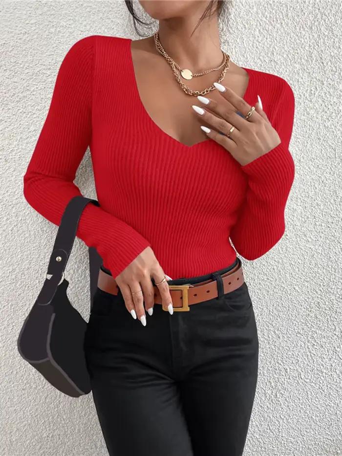 Pull-over Femme Y2K en Maille Côtelée Unie à Col en V et Rayures, Manches Longues, Collection Automn