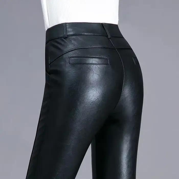 Femmes élastique taille haute véritable pantalon en cuir véritable femme mode sarouel dames poches M