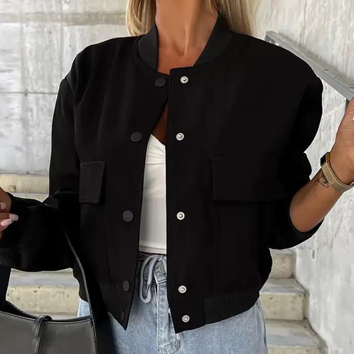 Veste Courte à Poches et Col Rond pour Femme, Manteau à Manches sulf, Décontracté, à Simple Boutonna