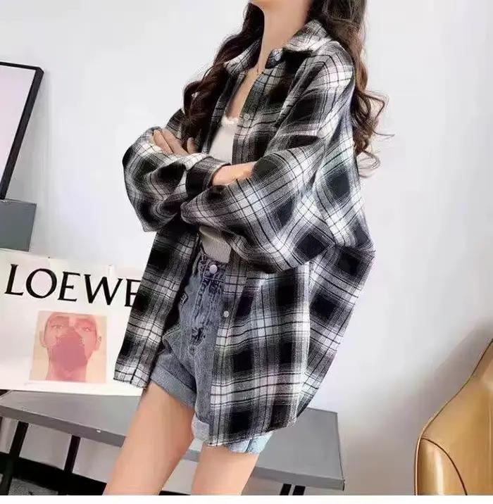 Chemisier style preppy à manches longues pour femme, chemise à carreaux pour fille, chemise surdimen