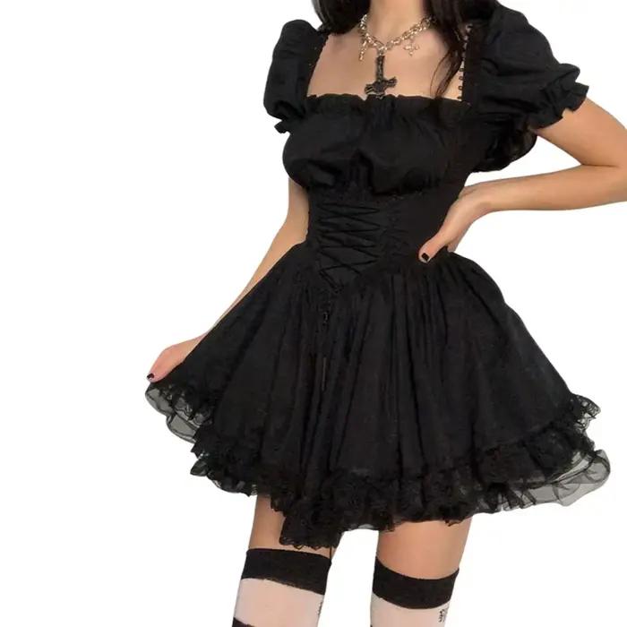 Robe trapèze à manches bouffantes pour femmes, tenue courte d'été Fairycore Lolita, couleur unie, ga