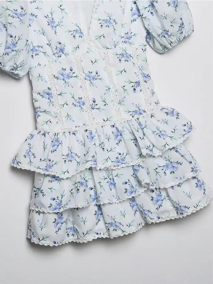 YENKYE-Mini robe à volants en dentelle pour femmes, imprimé floral, manches bouffantes vintage, garn