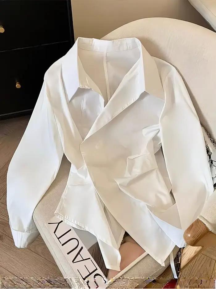 Polo à manches longues irrégulières pour femmes, tunique blanche élégante, haut basique, chemisier,
