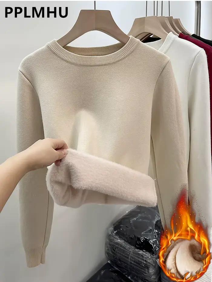 Pull épais en velours pour femme, col rond, Slim, chaud, manches longues, tricoté, décontracté, doub
