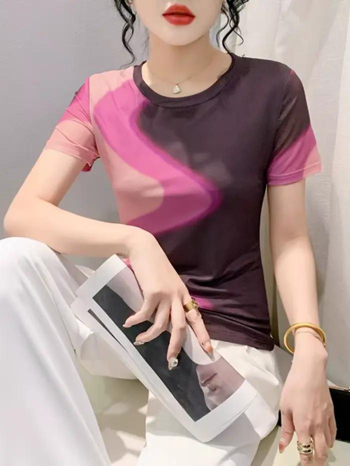 T-shirt à manches courtes et col rond pour femme, haut moulant, élégant, en maille imprimée, été, BH