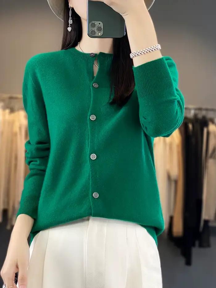 100% laine mérinos pull femmes col rond Cardigan Style basique boutonné tricots femme décontracté au