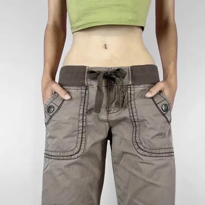 Pantalon rétro à lacets taille basse pour femme, streetwear, patchwork, décontracté, Harajuku, droit