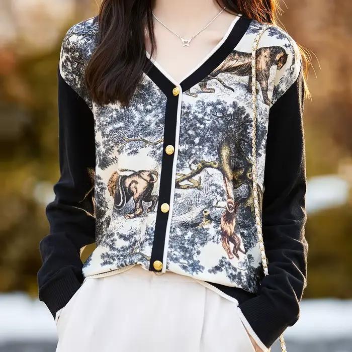 Cardigan imprimé à col en v pour femmes, 100% laine, couture de soie, pull, nouveau, décontracté, tr