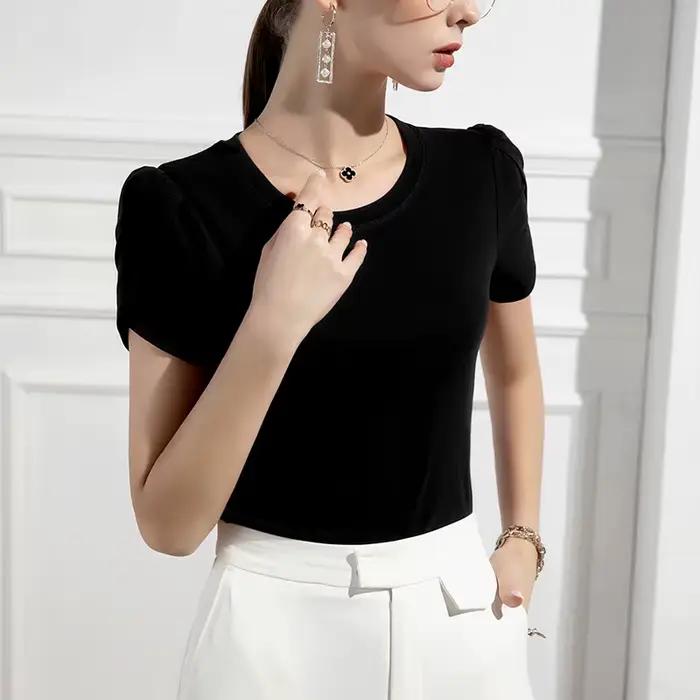 Femmes doux pétale à manches courtes coton T-shirts hauts dame O cou t-shirt pulls hauts pour les fi