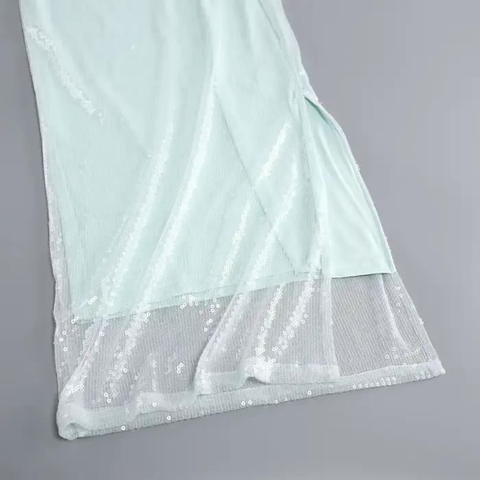 Robe de soirée sexy à sequins pour femmes, col en V, manches à clapet, jupe avec ourlet fendu, boîte