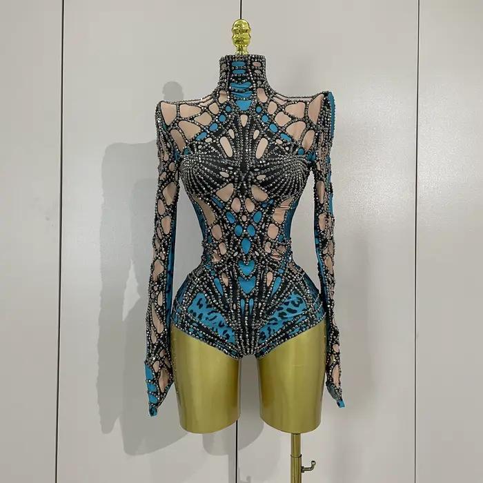 Body extensible à manches longues avec strass scintillants pour femmes, Costume de soirée de luxe po