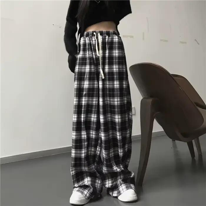 Pantalon de survêtement oversize pour femme, motif écossais noir, décontracté, coupe ample, taille é