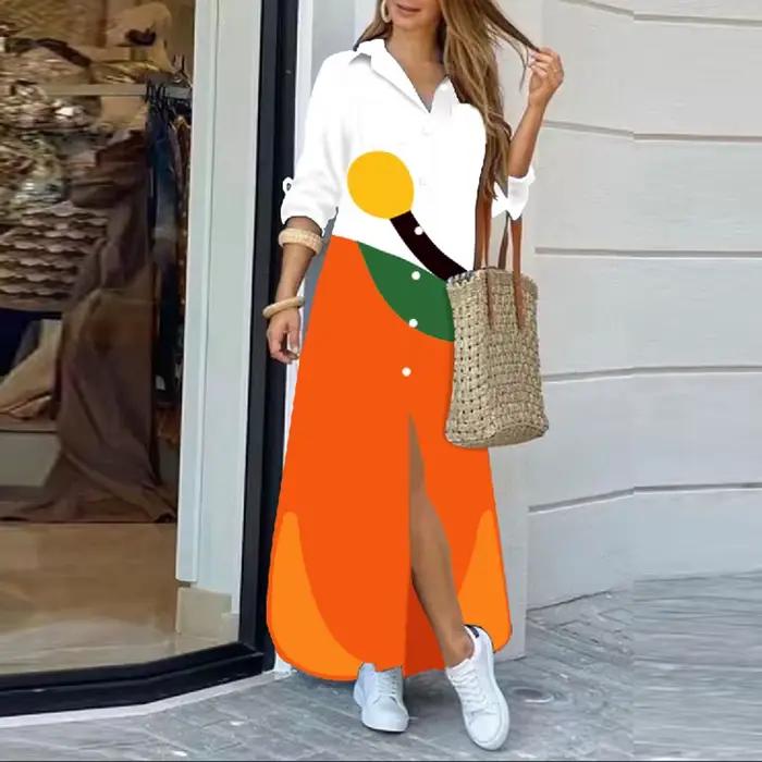 Robe chemise imprimée à col rabattu pour femmes, robes maxi élégantes, robe d'été à manches longues,