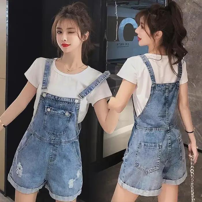 Salopette en jean denim pour femmes, barboteuse d'été, baggy, couleur unie, combinaison pour étudian