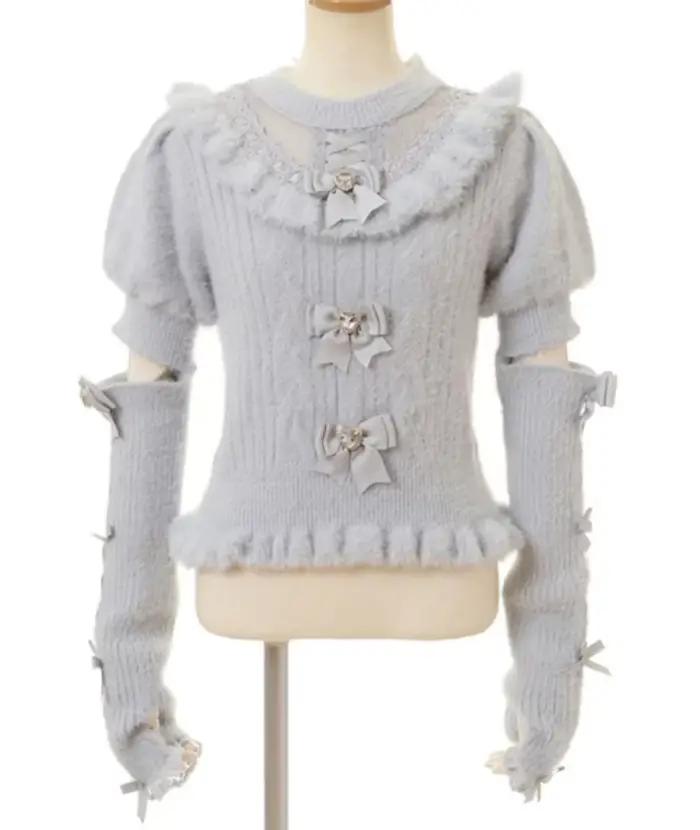 Style japonais mignon doux détachable nœud papillon fourrure manches longues mince pull automne et h