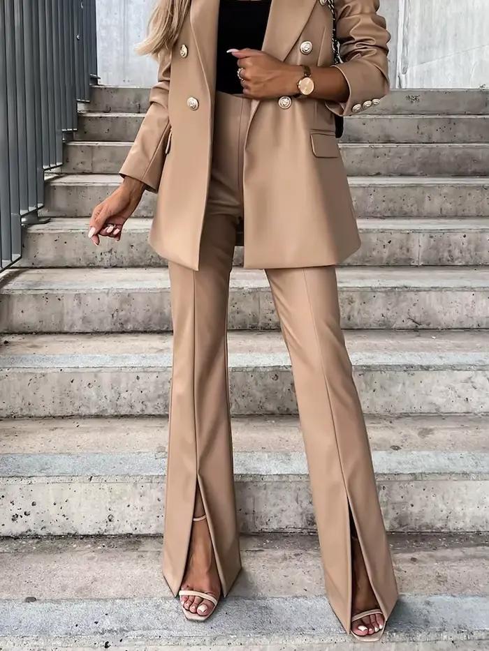 Pantalon évasé taille haute pour femme, pantalon long en PU, monochromatique, fourche ouverte, stree