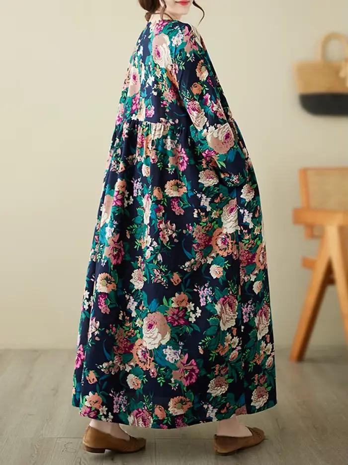 Robes amples en coton à manches longues imprimées style vintage pour femmes – Collection Printemps-A