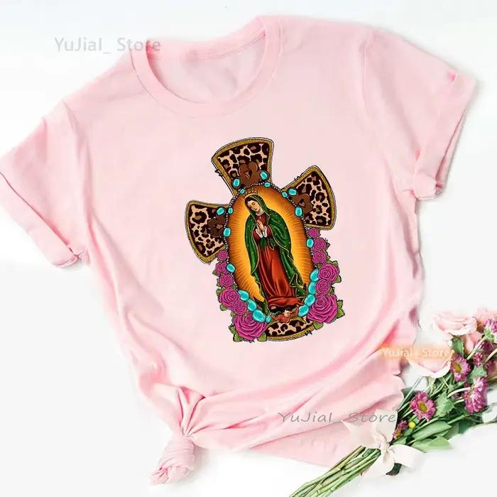 Léopard vierge marie Guadalup imprimer t-shirt filles mode d'été jésus rose t-shirt femmes Harajuku
