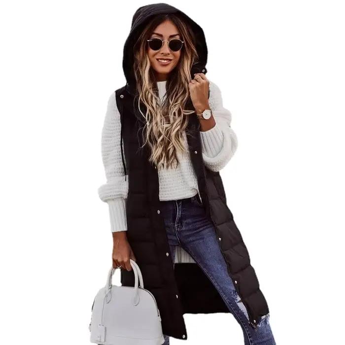 Femmes manteau Long gilet avec capuche automne hiver sans manches chaud coton vers le bas manteau gi