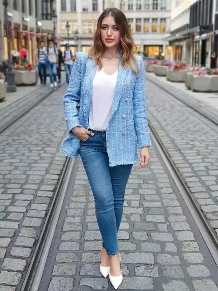 Tweed – veste Vintage ample et élégante pour femme, vêtement d'extérieur Chic, à la mode, décontract