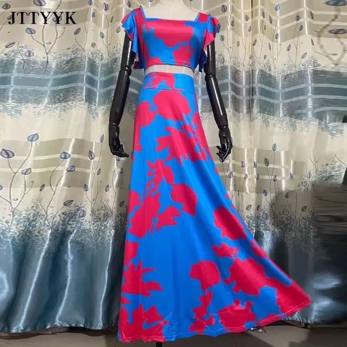 Ensemble 2 pièces grande taille pour femmes, haut court + jupe longue taille haute, ensembles Maxi a
