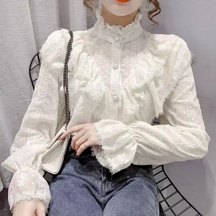 Manches longues lâche printemps mode bouton chemise blanche élégant col montant plissé hauts décontr