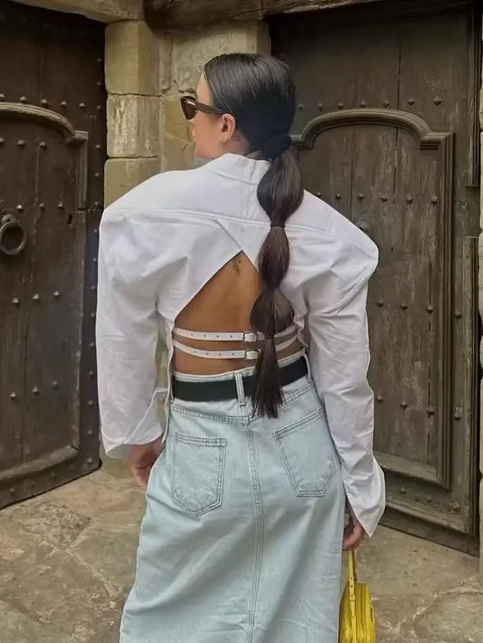 Vintage femmes élégant dos nu chemises 2023 mode dames décontracté à manches longues chemise blanche