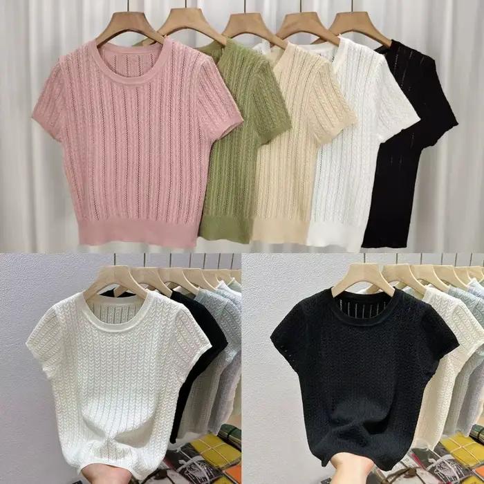 T-shirt tricoté élégant à points torsadés, chemise creuse en soie glacée à manches courtes, haut d'é