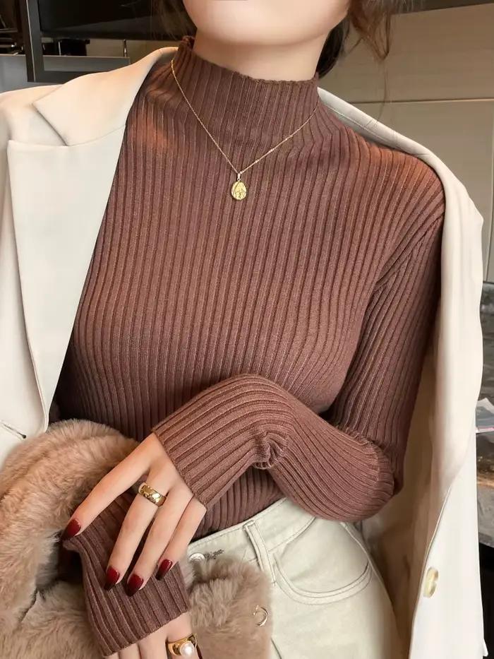 Pulls en maille unie slim chic pour femme, col roulé, manches longues, décontractés, chauds, basique