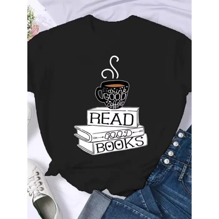 Café livres livres marron américain rétro T-shirt femme col rond demi manches T-shirt imprimé T-shir