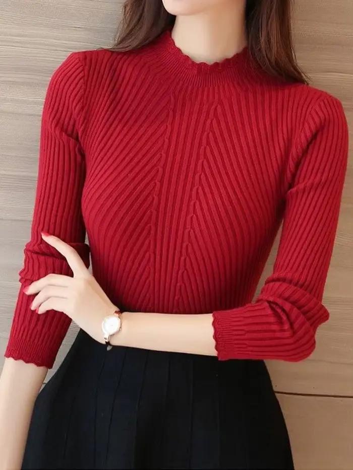Pull tricoté décontracté à col montant et volants pour femme, manches longues, uni, à rayures, colle