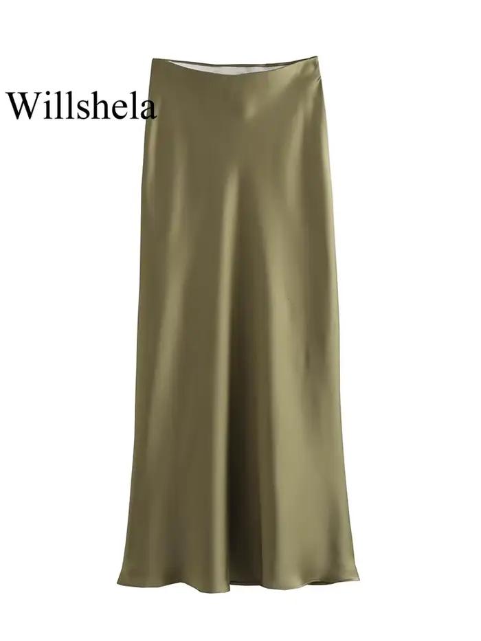 Willshela femmes mode Satin solide plissé jupe Midi Vintage taille mi élastique femme Chic dame jupe