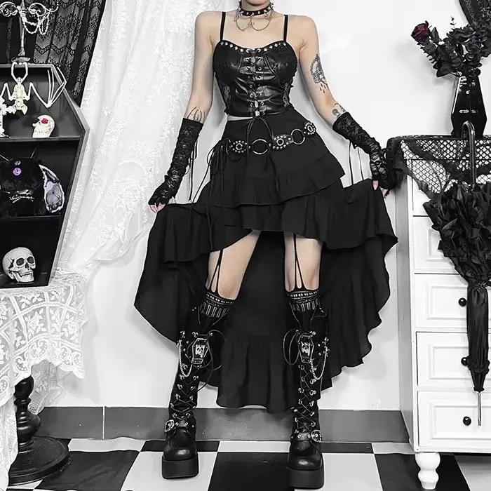 Goth foncé Kawaii noir jupes à plusieurs niveaux 90S rétro ourlet irrégulier bas de fête centre comm