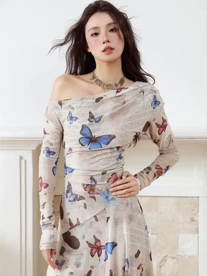 Contest ERART-Robe mi-longue en maille avec lettre papillon pour femme, imprimé Off The Initiated, m
