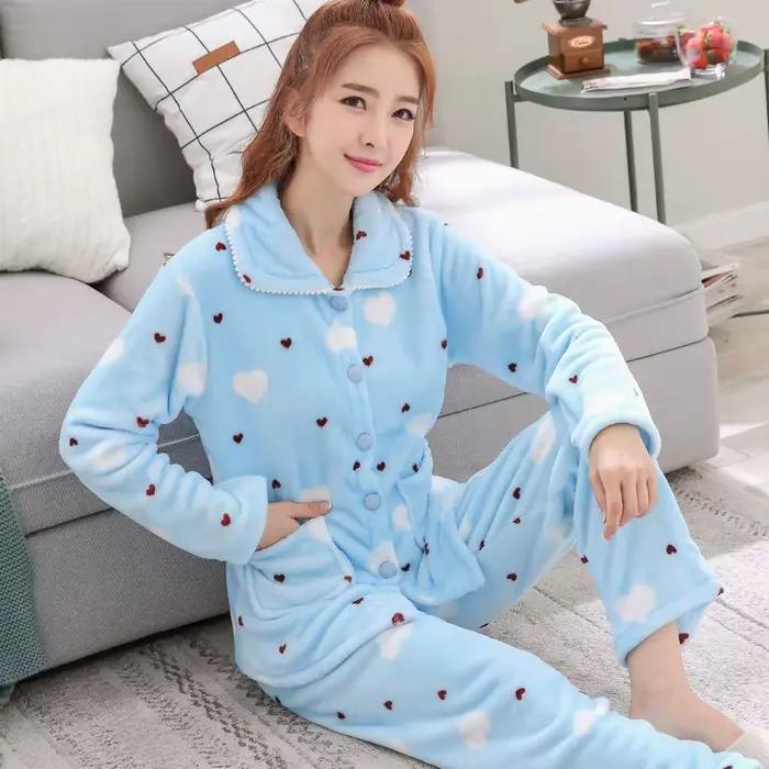 Pyjama chaud en velours de corail pour femme, vêtement de maison, rembourré, épais, en flanelle douc