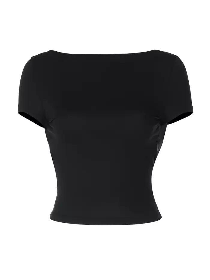 Haut court froncé à manches courtes et col rond pour femme, Streetwear Y2K, T-Shirt décontracté, dos