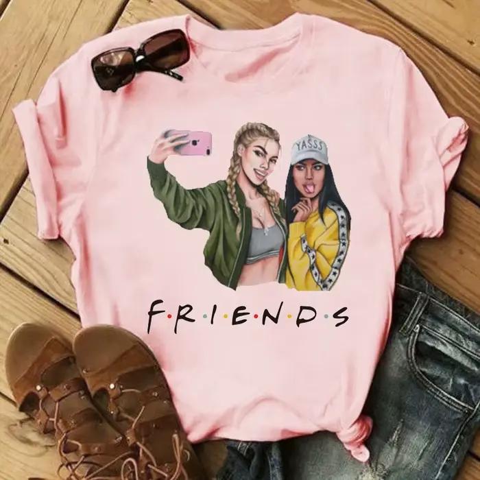 T-shirt à col rond imprimé dessin animé Good Friends pour femme, haut graphique, manches courtes, dé