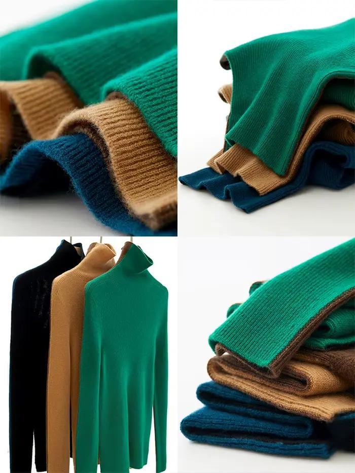 AMII minimaliste col roulé pull femmes 2025 couleur contraste printemps nouveau mince haut tricoté B