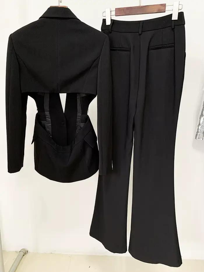 Ensemble blazer et pantalon évasé à revers perlé pour femme, bouton unique évidé, diamants, haute qu