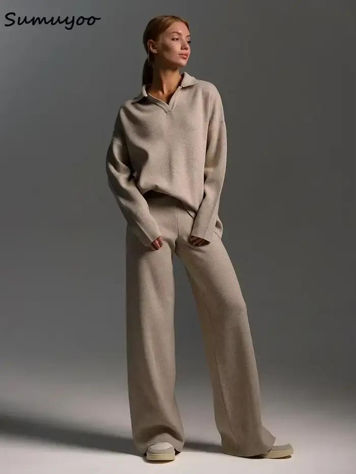 Sumuyoo hiver épais femmes tricoté costumes cachemire doux 2 pièces ensembles femme col Polo pull et