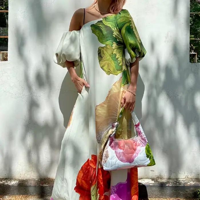 Sexy dame col incliné taille haute Robe Robe plage vacances fleur imprimé tenue décontractée printem