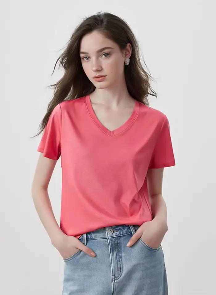 T-shirt en coton mercerisé et soie 5% pour femme, col rond, couleur unie, coupe ample, décontracté,