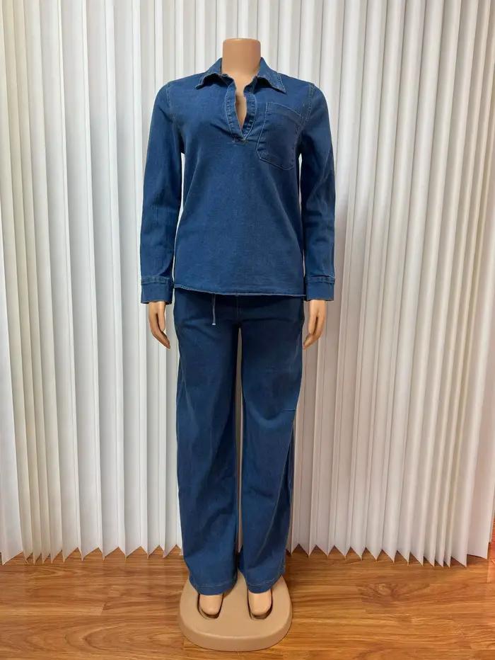 Ensemble deux pièces en jean pour femmes, col rabattu, chemise en jean, hauts, jambes larges, pantal
